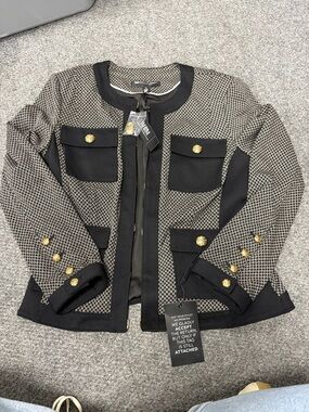 White House Black Market Black and Cream Tweed Pocket Blazer with Gold Buttons